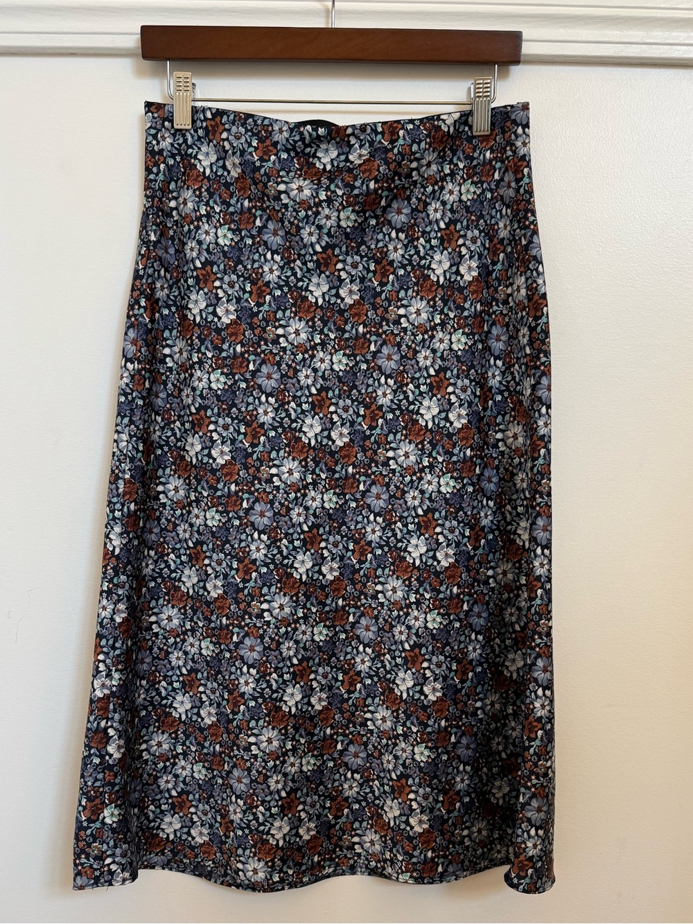 LOFT Navy Floral Midi Skirt with Brown Accents